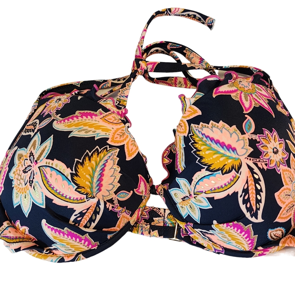 NWT Shade & Shore Padded Coral and Paisley Swim Bikini Top NO tassel 38C